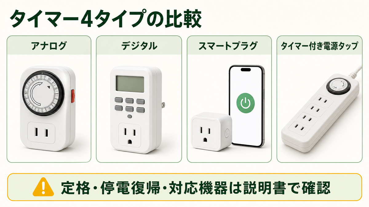 アナログ、デジタル、スマートプラグ、タイマー付き電源タップを比較するIMAGE2図解