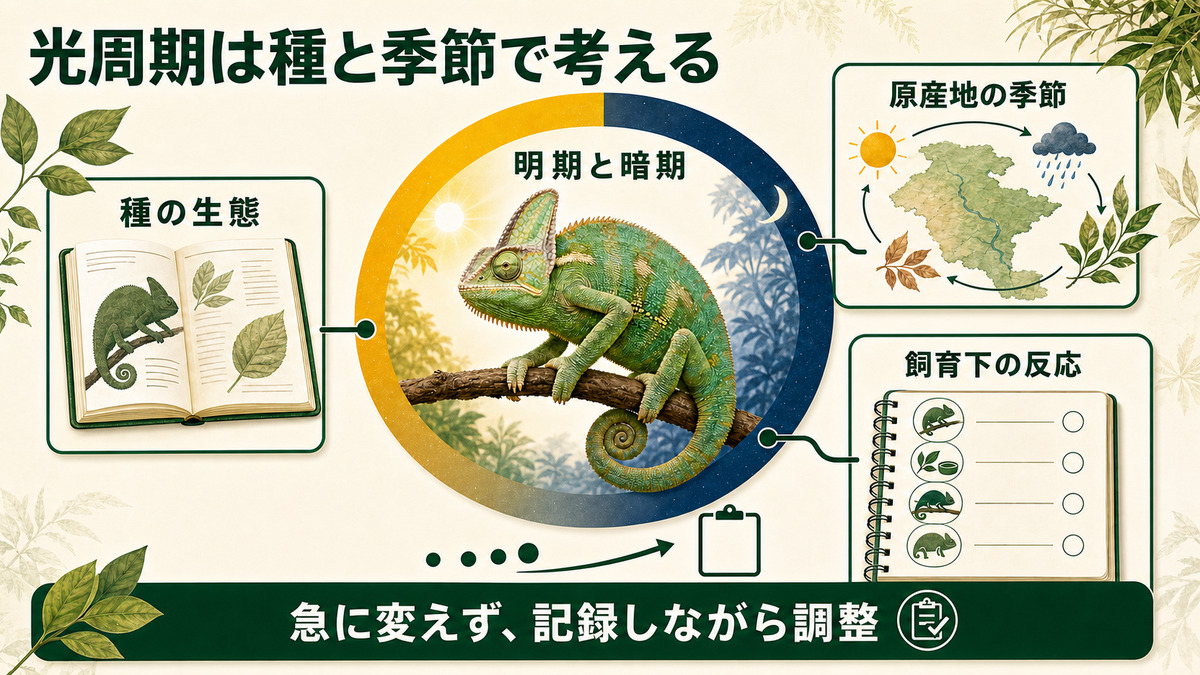 種の生態、原産地の季節、飼育下の反応から光周期を考えるIMAGE2図解