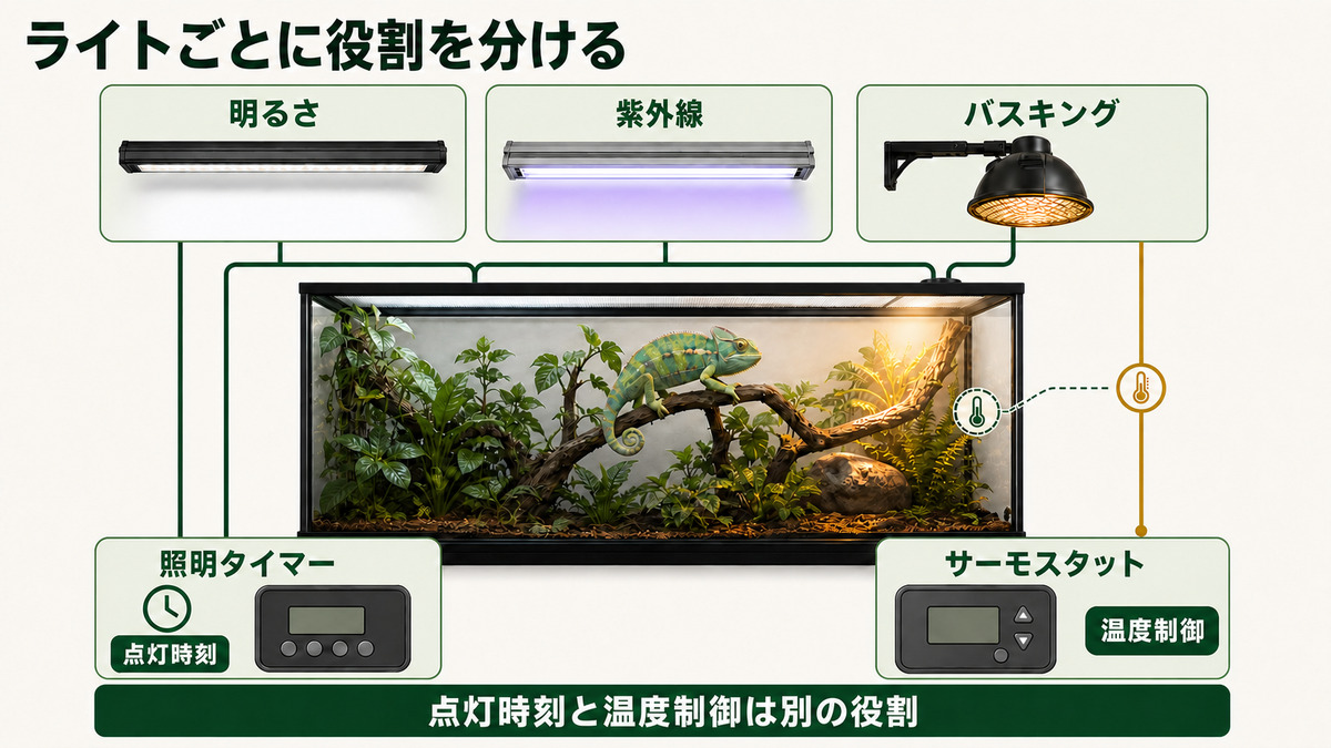 明るさ・紫外線・バスキングと照明タイマー・サーモスタットの役割を分けるIMAGE2図解