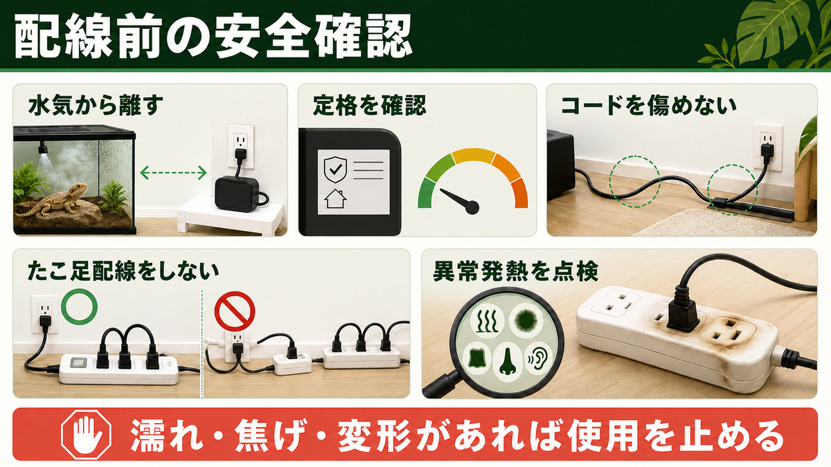 水気、定格、コード損傷、たこ足配線、異常発熱を確認するIMAGE2安全図解