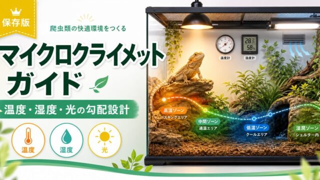 爬虫類ケージのマイクロクライメット完全ガイド｜温度・湿度・光の勾配設計で生体の健康を最大化する方法の要点を伝えるカメレオン・爬虫類記事アイキャッチ画像