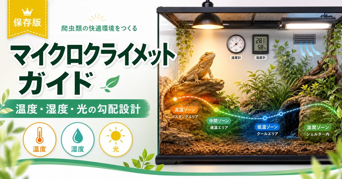 爬虫類ケージのマイクロクライメット完全ガイド｜温度・湿度・光の勾配設計で生体の健康を最大化する方法の要点を伝えるカメレオン・爬虫類記事アイキャッチ画像