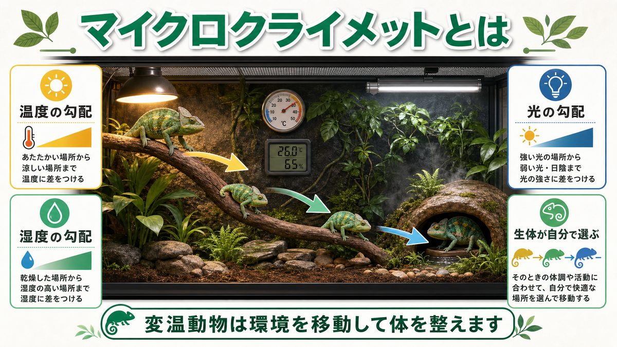 マイクロクライメットとは何か——変温動物との深い関係の要点をまとめたカメレオン・爬虫類飼育インフォグラフィック