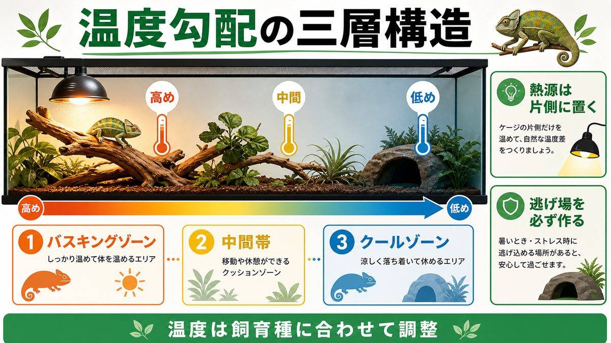 温度勾配の設計方法——バスキングゾーン・中間帯・クールゾーンの配置の要点をまとめたカメレオン・爬虫類飼育インフォグラフィック