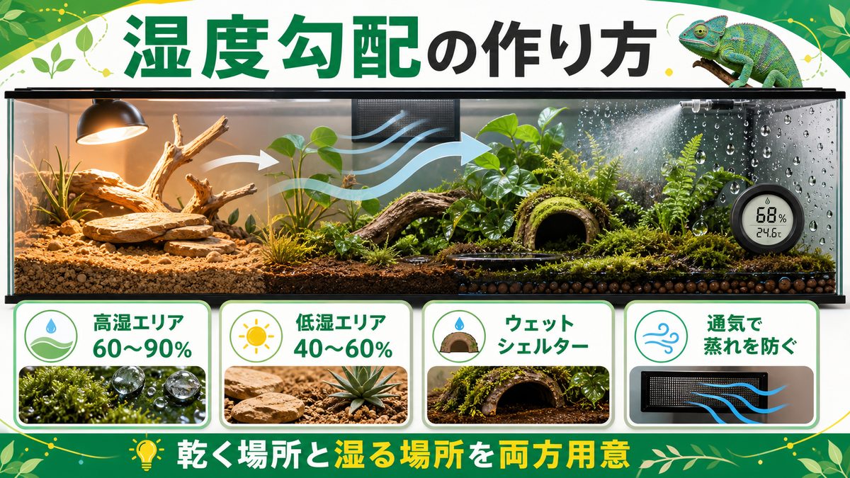 湿度勾配の設計方法——湿潤エリアと乾燥エリアの共存の要点をまとめたカメレオン・爬虫類飼育インフォグラフィック