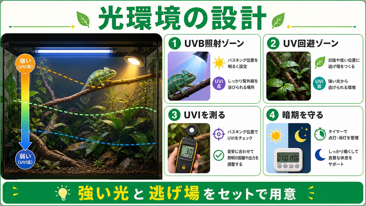 光環境の設計——UVIグラジエントと昼夜サイクルの重要性の要点をまとめたカメレオン・爬虫類飼育インフォグラフィック