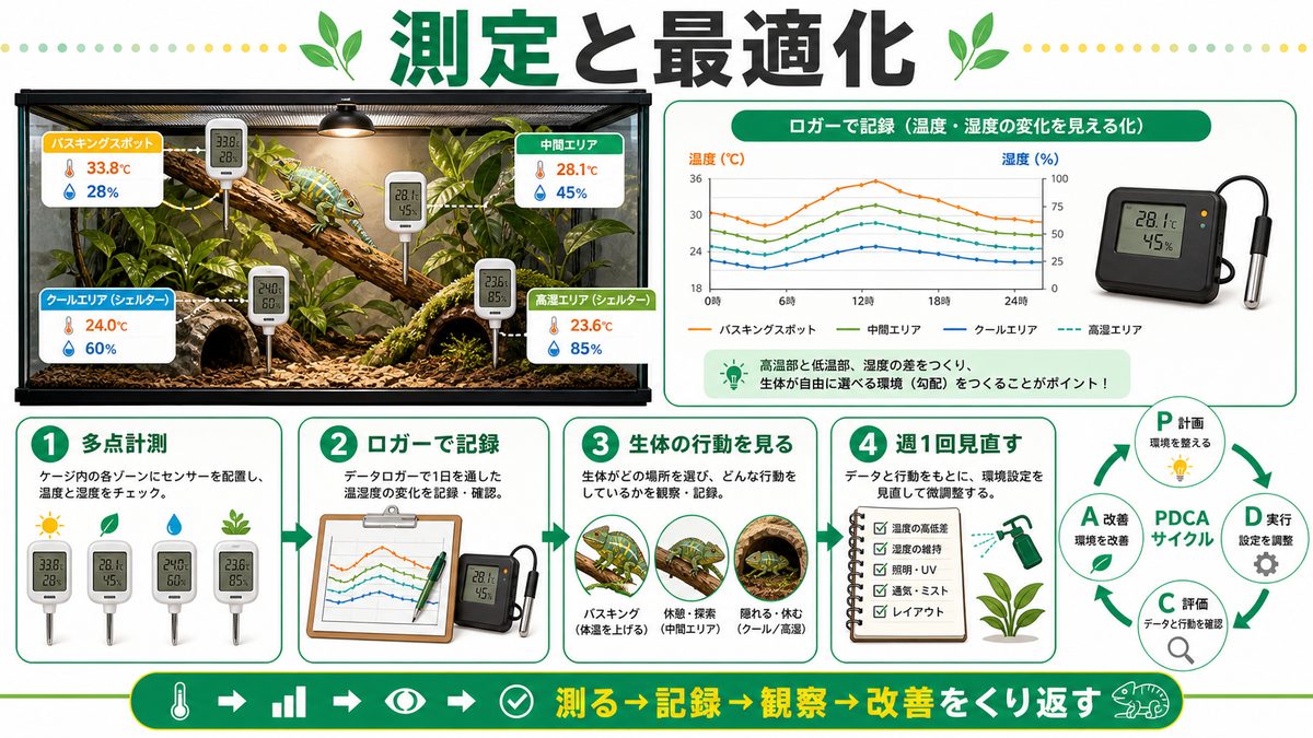 測定と最適化——多点計測・ロガー・PDCAサイクルの要点をまとめたカメレオン・爬虫類飼育インフォグラフィック