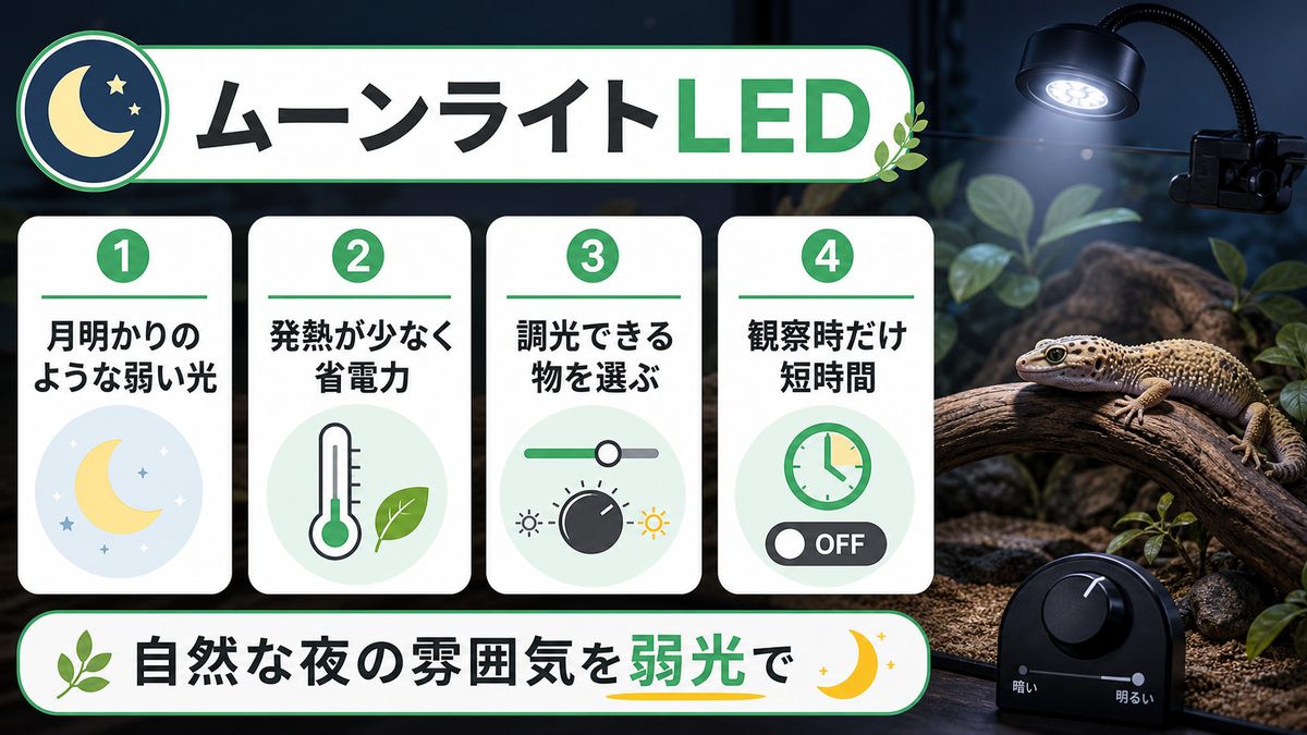 月光を再現するムーンライトLEDの要点をまとめたカメレオン・爬虫類飼育インフォグラフィック