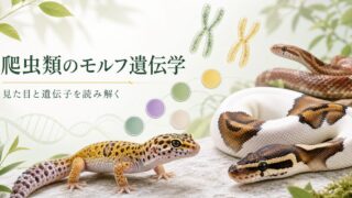 爬虫類のモルフ遺伝学をボールパイソン・レオパ・コーンスネークと染色体で表したアイキャッチ
