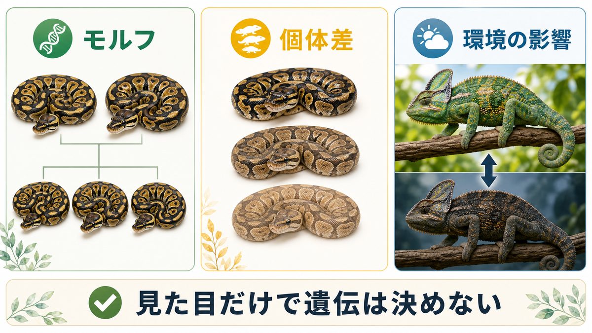 爬虫類のモルフ・個体差・環境による見た目の変化を比較した図