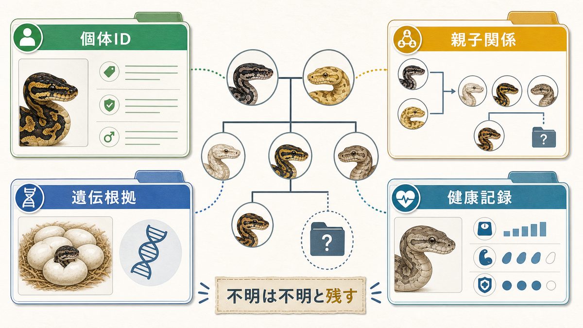 爬虫類の個体ID・親子関係・遺伝根拠・健康記録と不明情報を管理する系譜図