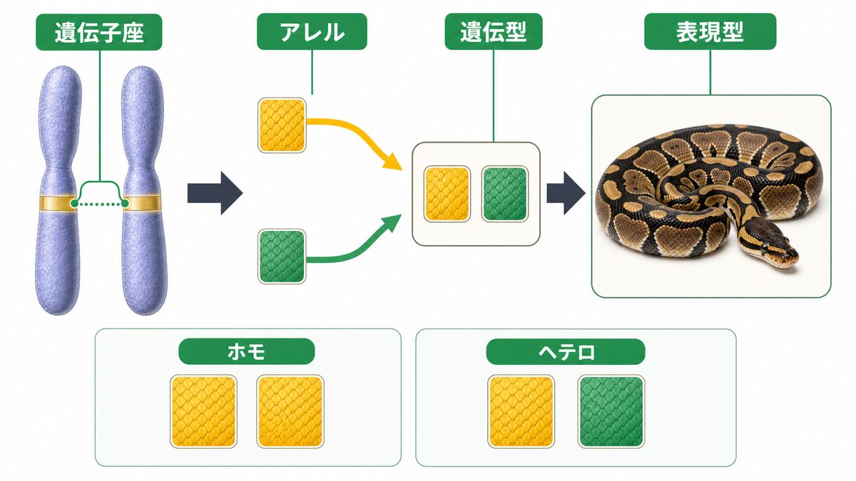染色体の遺伝子座からアレル・遺伝型・表現型・ホモ・ヘテロの関係を示す図
