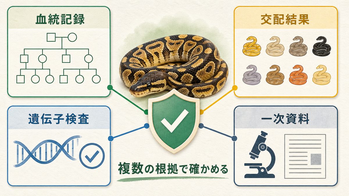 モルフ判定を血統記録・交配結果・遺伝子検査・一次資料で確かめる図