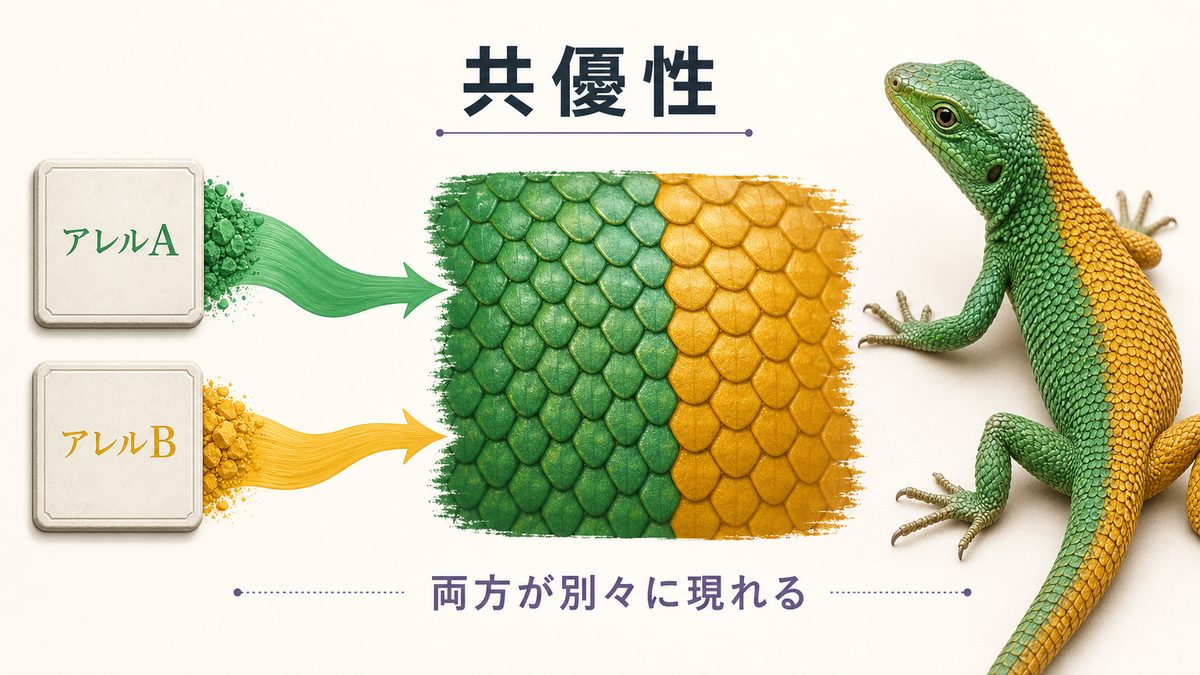 共優性でアレルAとアレルBの特徴が別々に現れることを示す爬虫類図