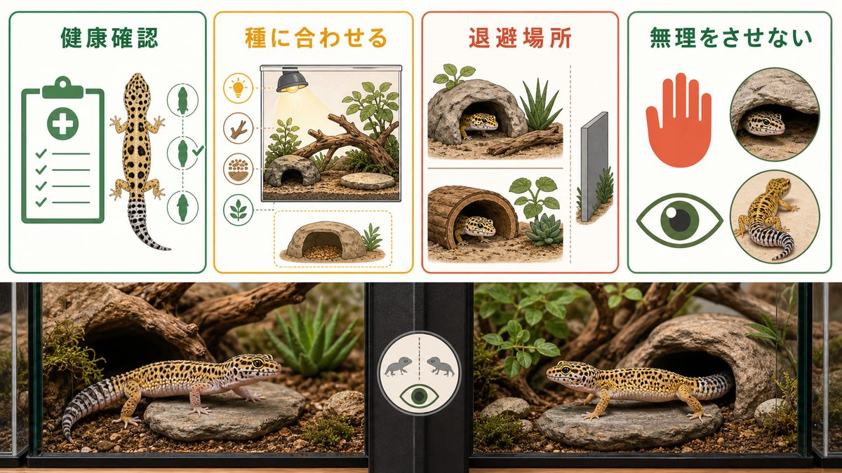 爬虫類繁殖前の健康確認・種別環境・退避場所・無理をさせない判断を示す図