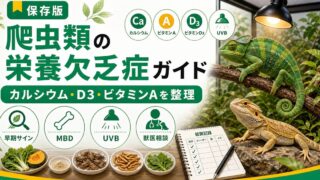 爬虫類の栄養欠乏症完全ガイド｜ビタミン・ミネラル・カルシウム不足の症状チェックと改善法を徹底解説の要点を伝えるカメレオン・爬虫類記事アイキャッチ画像
