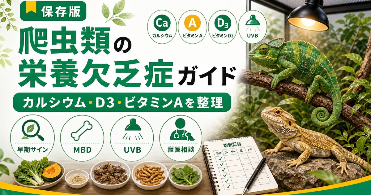 爬虫類の栄養欠乏症完全ガイド｜ビタミン・ミネラル・カルシウム不足の症状チェックと改善法を徹底解説の要点を伝えるカメレオン・爬虫類記事アイキャッチ画像