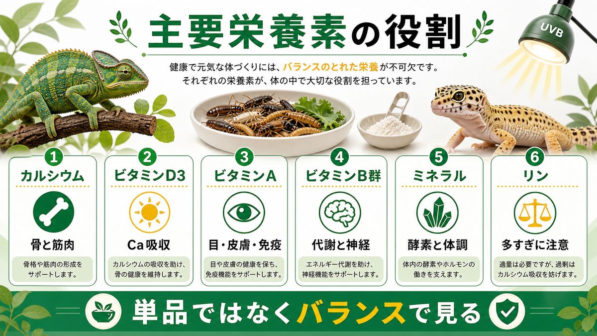 爬虫類に必要な主要栄養素とその役割🌿の要点をまとめたカメレオン・爬虫類飼育インフォグラフィック