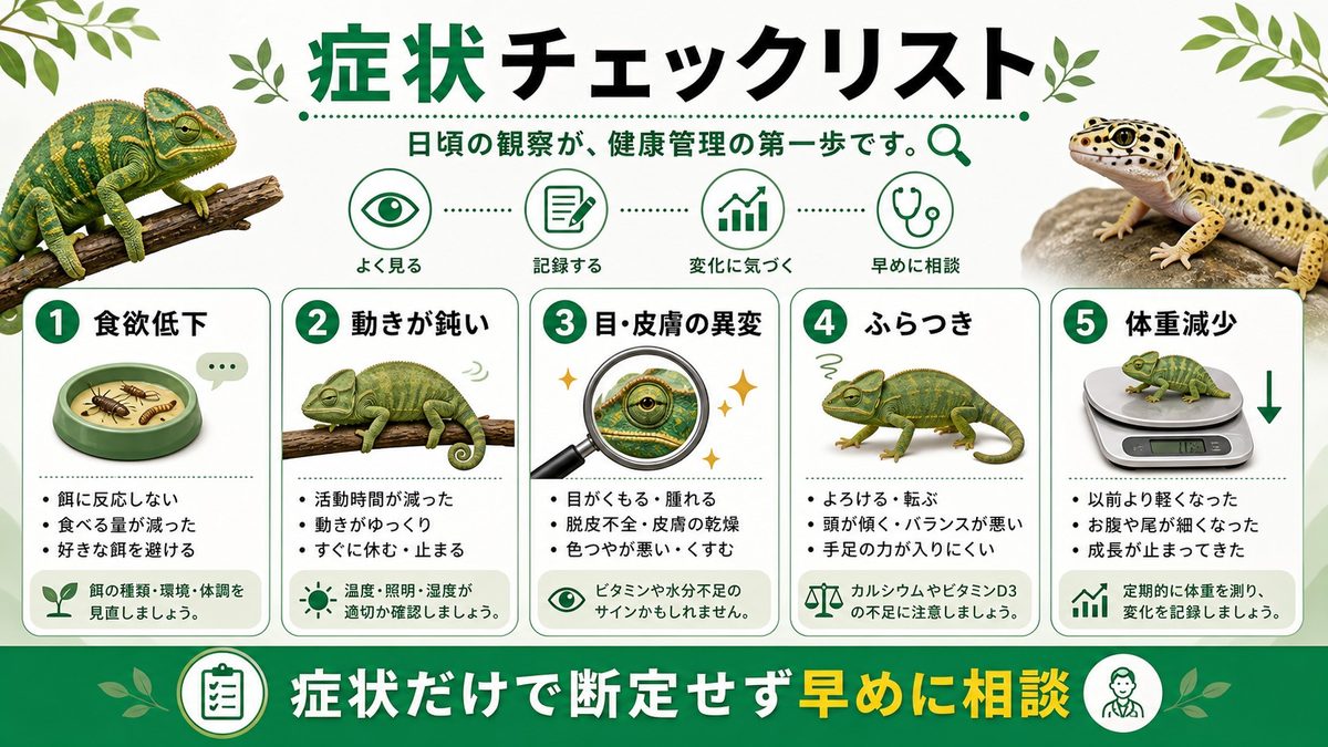 栄養欠乏症の症状チェックリスト🔍の要点をまとめたカメレオン・爬虫類飼育インフォグラフィック