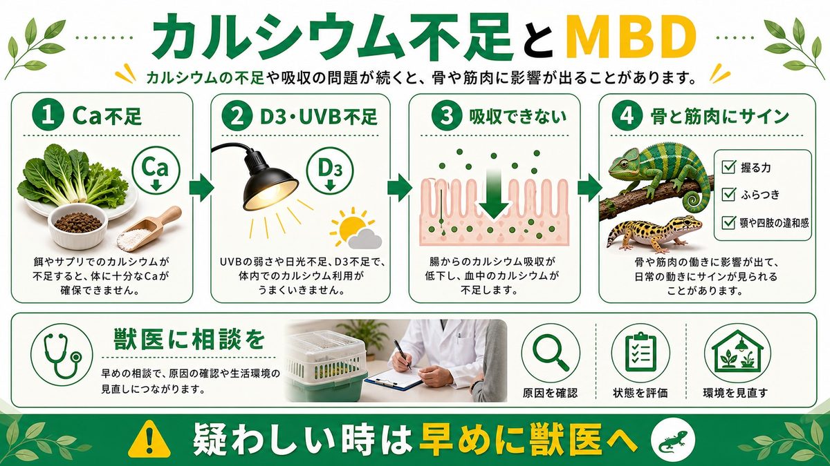 カルシウム欠乏とMBD（代謝性骨疾患）🦴の要点をまとめたカメレオン・爬虫類飼育インフォグラフィック