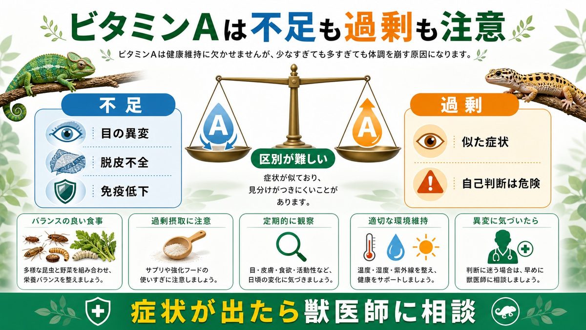 ビタミンA欠乏症｜目・皮膚・免疫への影響と過剰症との区別👁️の要点をまとめたカメレオン・爬虫類飼育インフォグラフィック