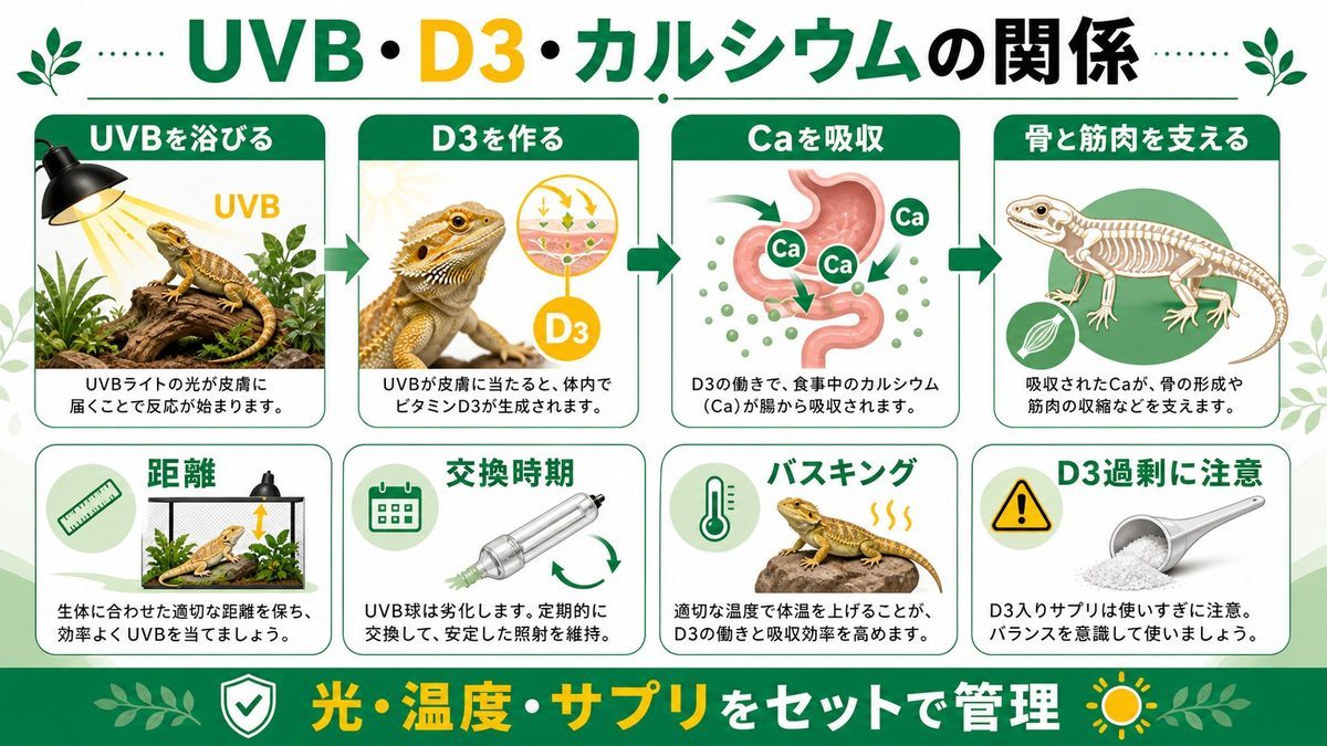 ビタミンD3と紫外線（UVB）の関係☀️の要点をまとめたカメレオン・爬虫類飼育インフォグラフィック