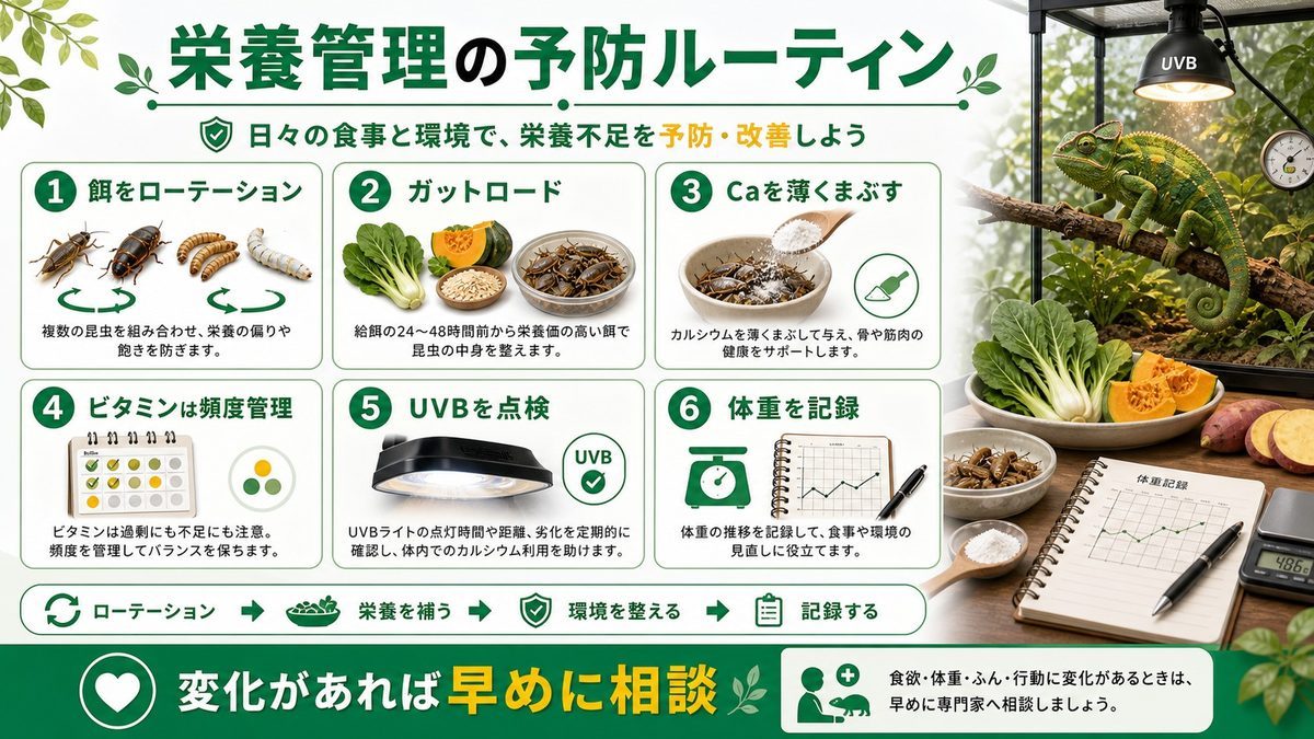 栄養管理の改善と予防策｜給餌・サプリスケジュール📅の要点をまとめたカメレオン・爬虫類飼育インフォグラフィック