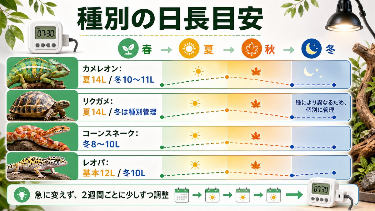 種別の推奨光周期テーブル——カメレオン・リクガメ・コーンスネーク・レオパの季節別日長の要点をまとめたカメレオン・爬虫類飼育インフォグラフィック