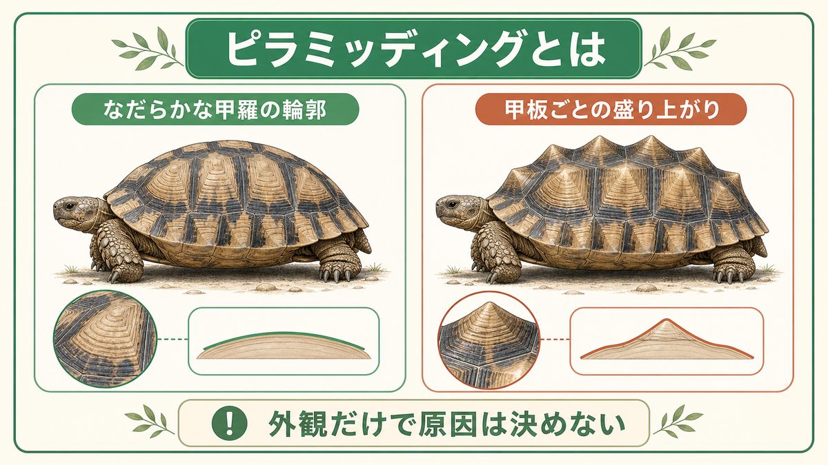 リクガメのなだらかな甲羅の輪郭と、甲板ごとのピラミッディングを比較した図解