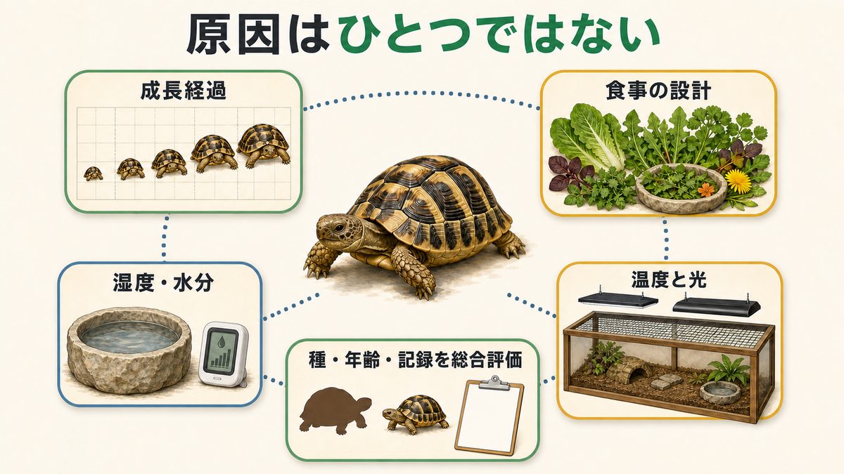 リクガメのピラミッディングを単一原因と決めず、成長・食事・水分・飼育環境を総合評価する図解
