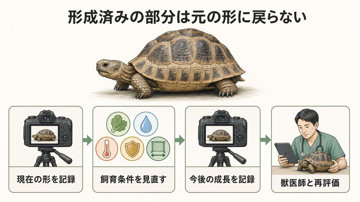 形成済みの甲羅形状と今後の成長を分け、記録・環境見直し・再評価へ進む図解