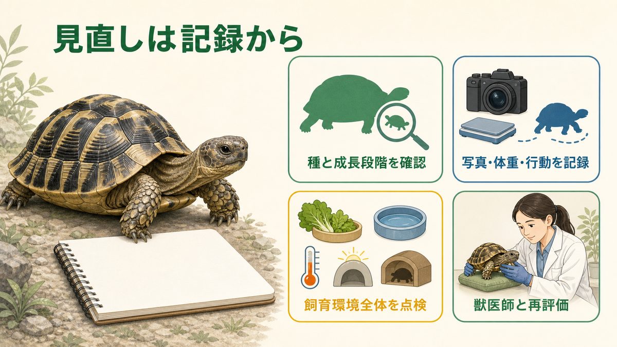 リクガメの種・成長段階、記録、飼育環境全体を見直す飼育監査図