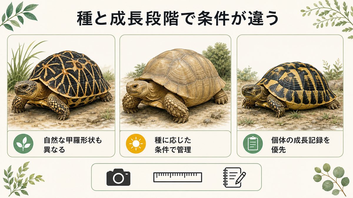 リクガメは種と成長段階で自然な甲羅形状と必要環境が異なることを示す比較図