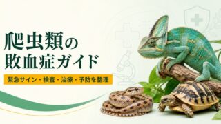 カメレオン・ヘビ・リクガメと医療アイコンで爬虫類の敗血症ガイドを表したアイキャッチ