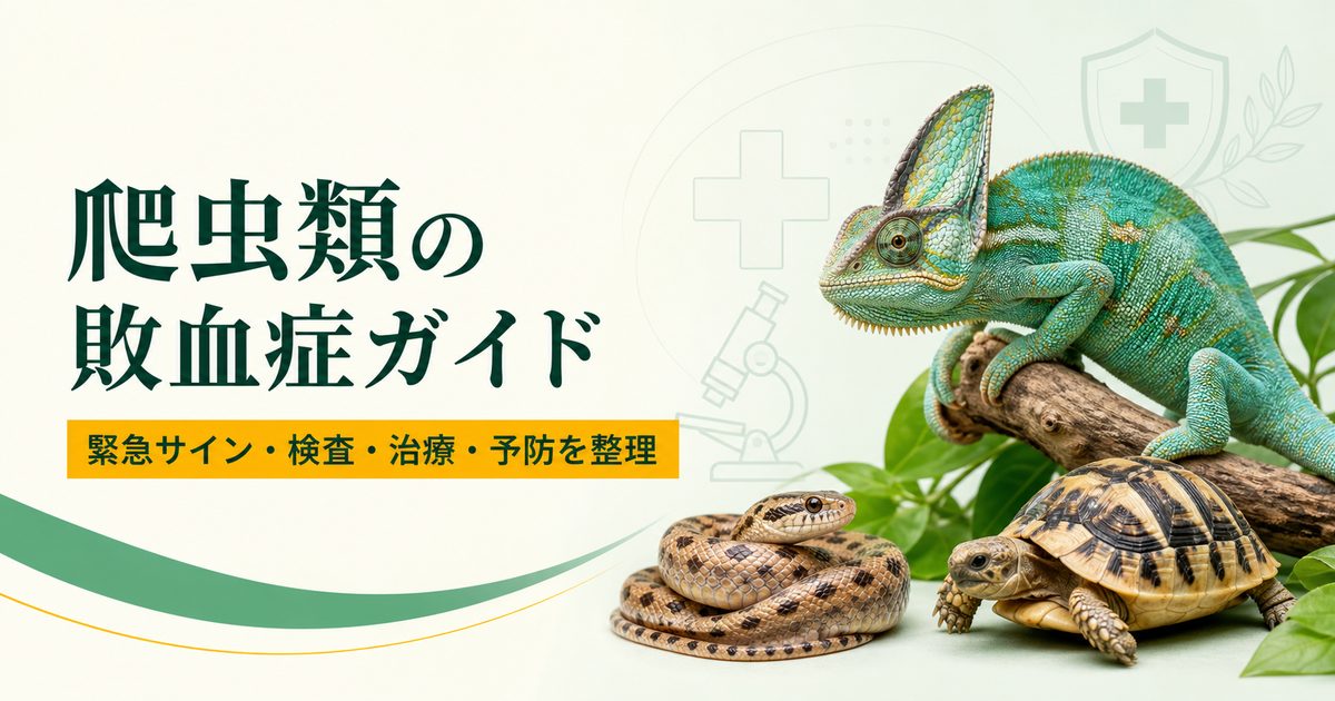 カメレオン・ヘビ・リクガメと医療アイコンで爬虫類の敗血症ガイドを表したアイキャッチ