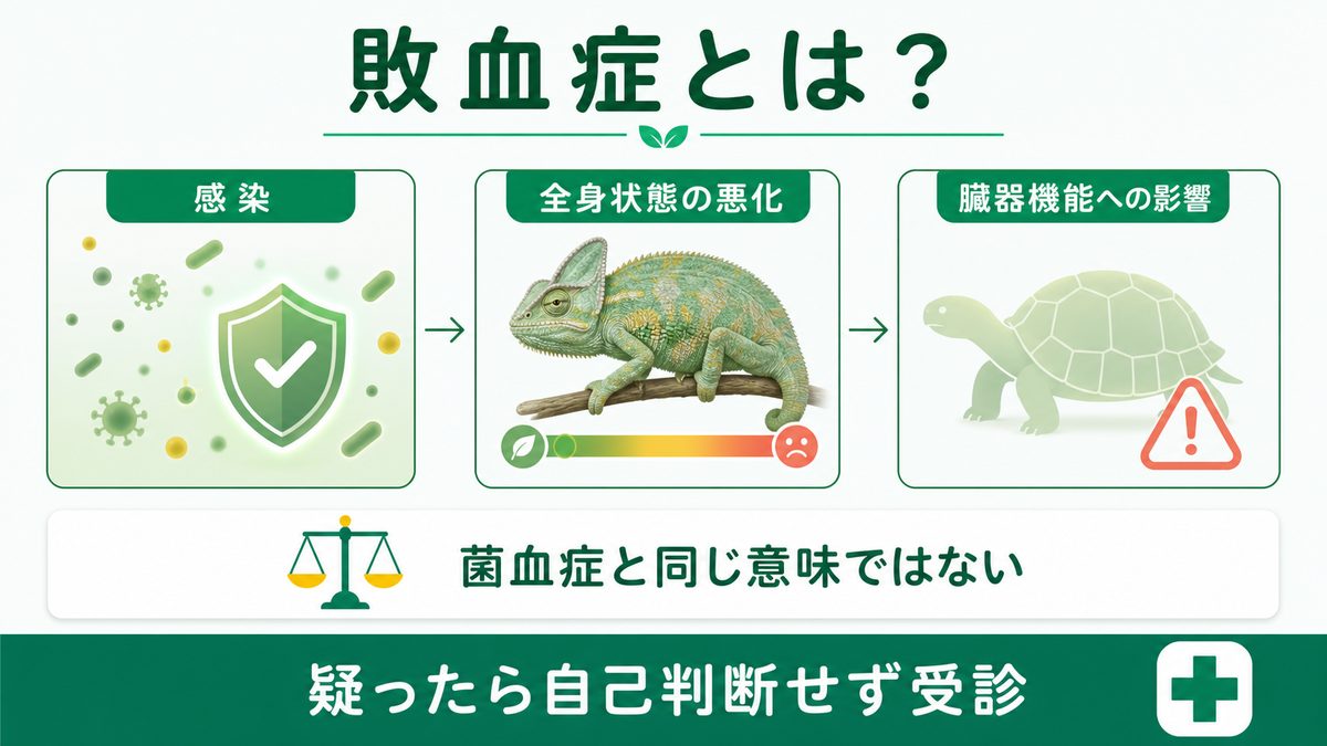 爬虫類の敗血症が感染から全身状態の悪化、臓器機能への影響につながることを示す図