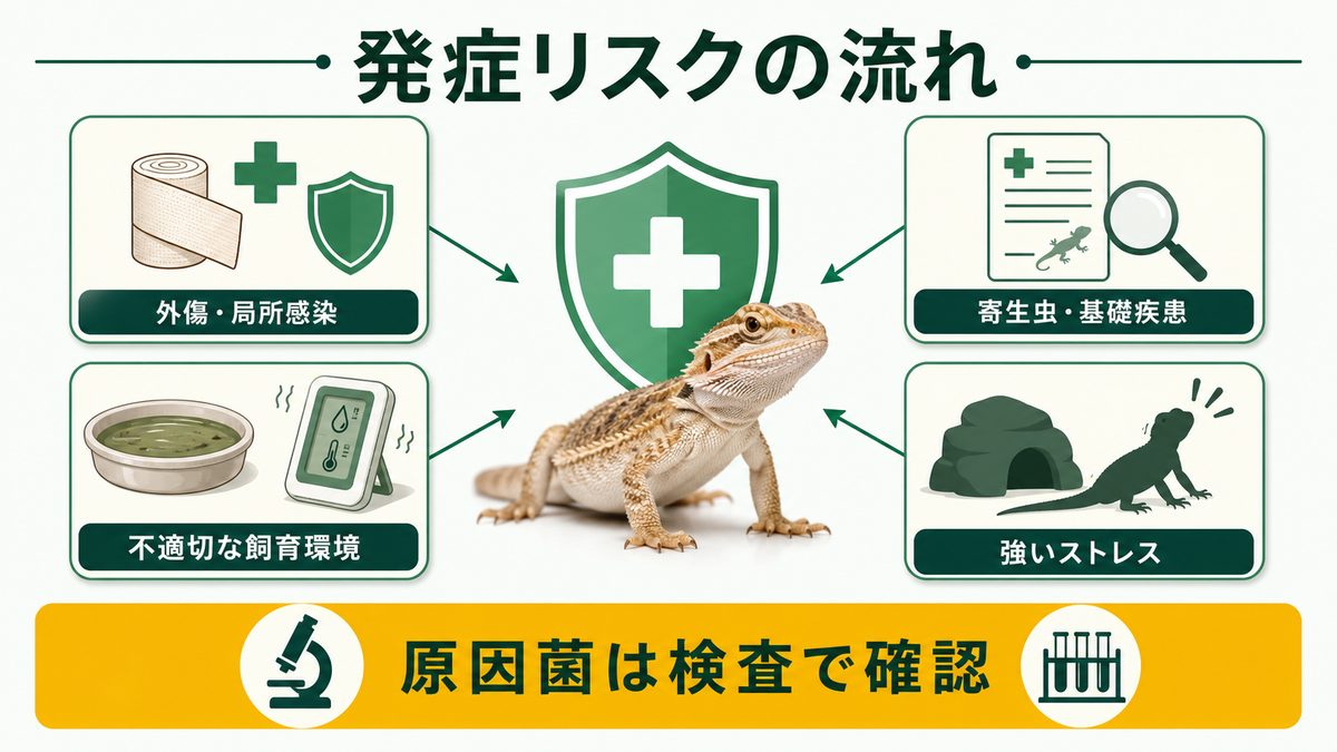 爬虫類の敗血症リスクとなる外傷・局所感染、寄生虫・基礎疾患、飼育環境、ストレスを示す図