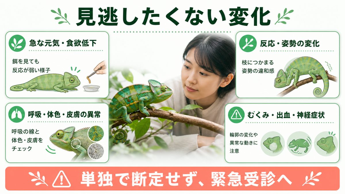 爬虫類の敗血症で見逃したくない元気・食欲、姿勢、呼吸・体色・皮膚などの変化を示す図