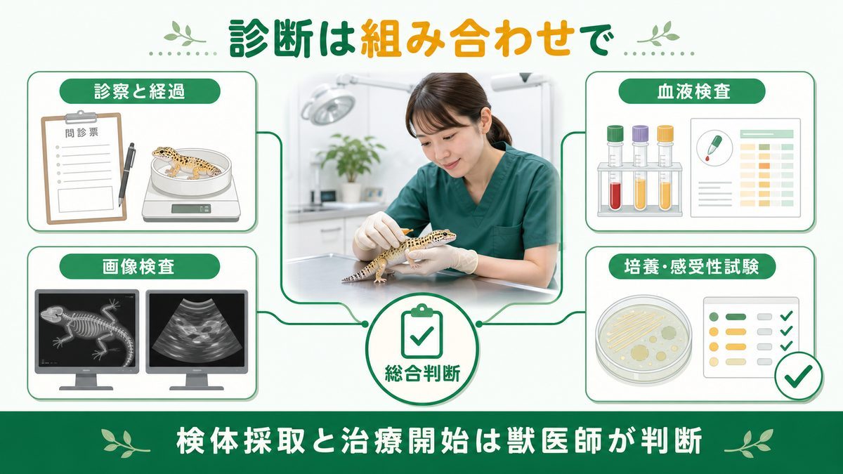 爬虫類の敗血症を診察、血液検査、培養・感受性試験、画像検査の組み合わせで診断する図