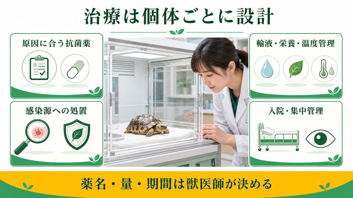 爬虫類の敗血症治療を抗菌薬、支持療法、感染源への処置、入院管理で個別設計する図