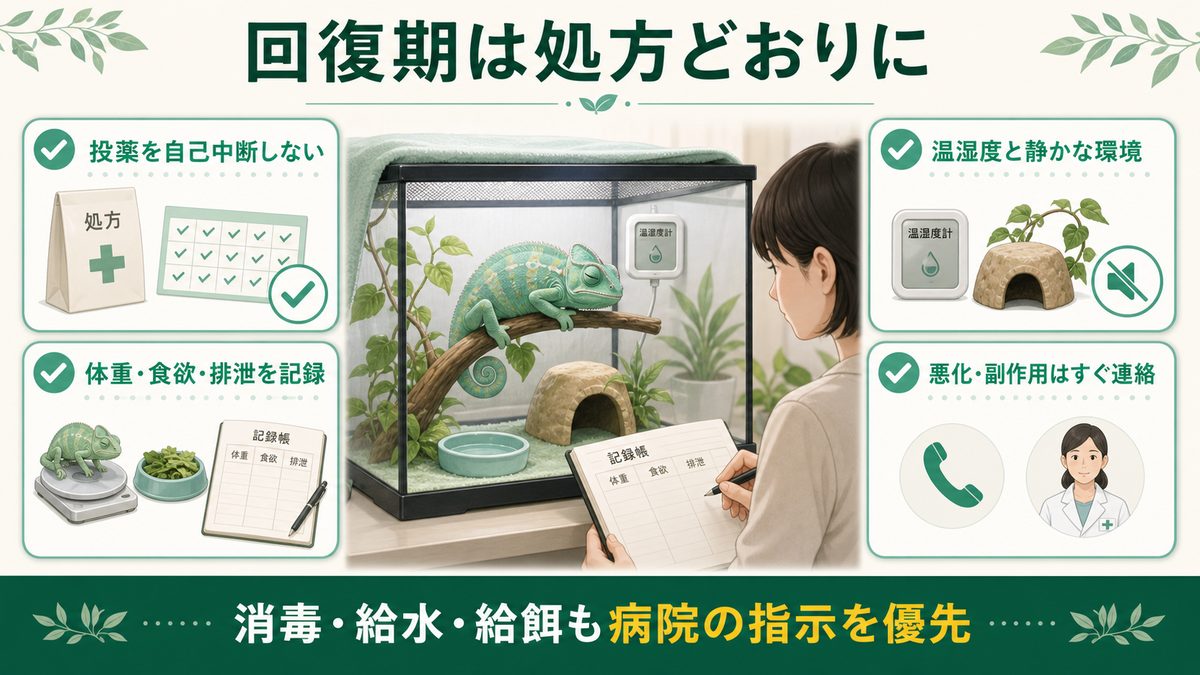 爬虫類の敗血症の回復期に投薬、体重・食欲・排泄、温湿度、副作用を管理する図