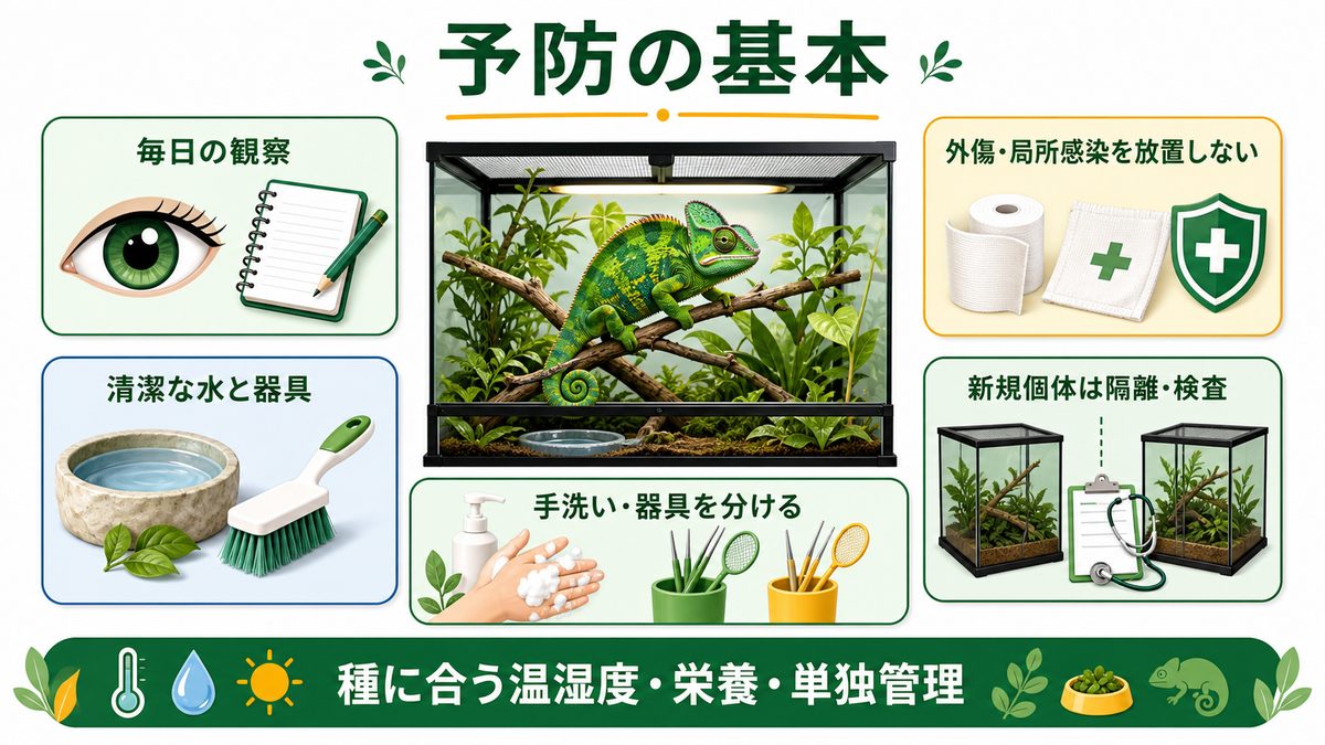 爬虫類の敗血症予防として観察、清掃、早期対応、隔離、手洗い、器具分離を示す図