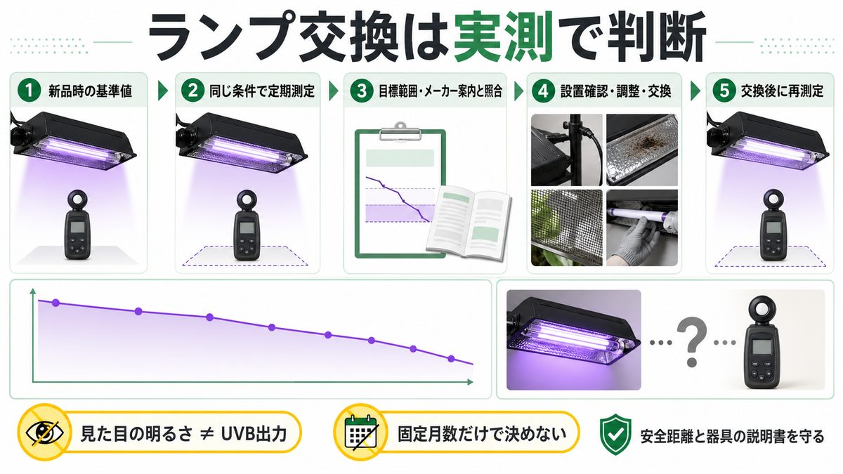UVBランプの交換時期を同じ条件の実測記録で判断する流れ