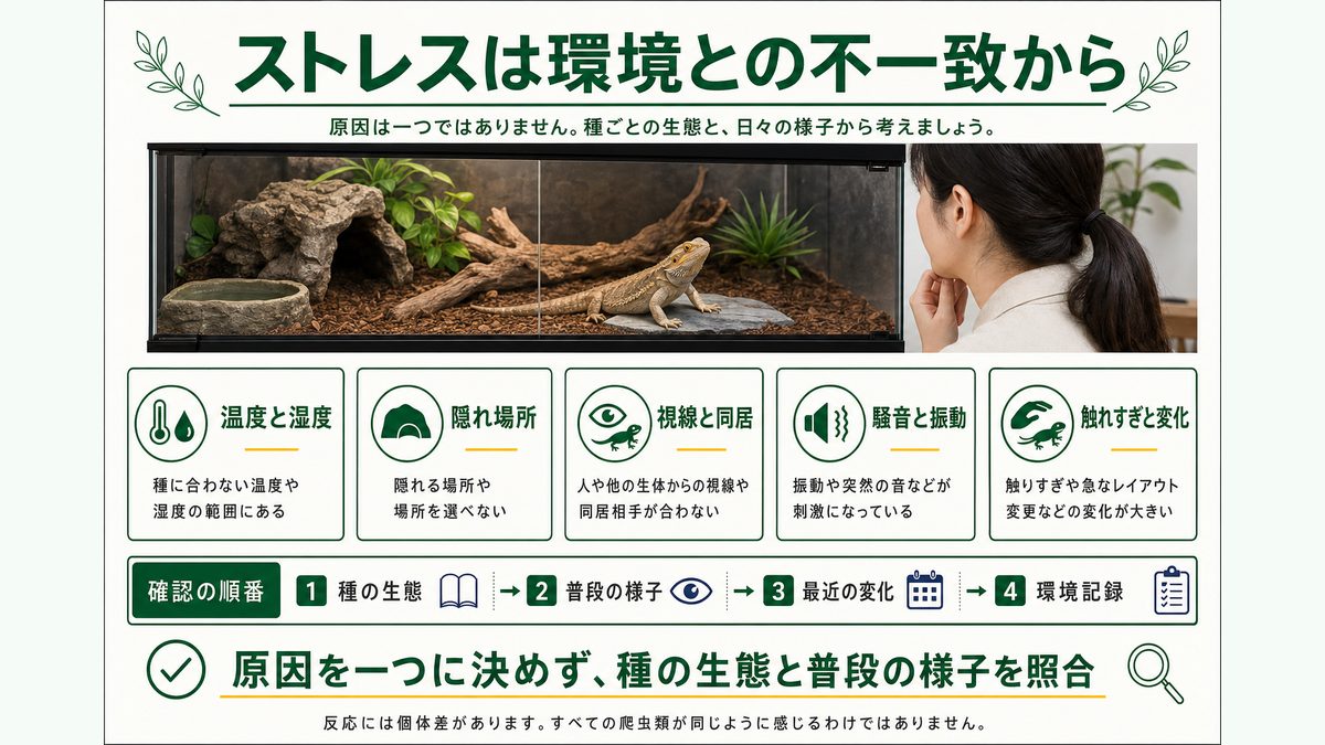 爬虫類がストレスを感じる温湿度・隠れ場所・視線・騒音・環境変化の主な原因