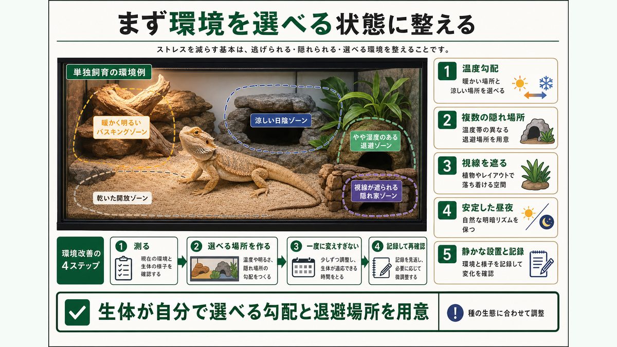 爬虫類が温度帯と隠れ場所を選べる単独飼育環境の整え方