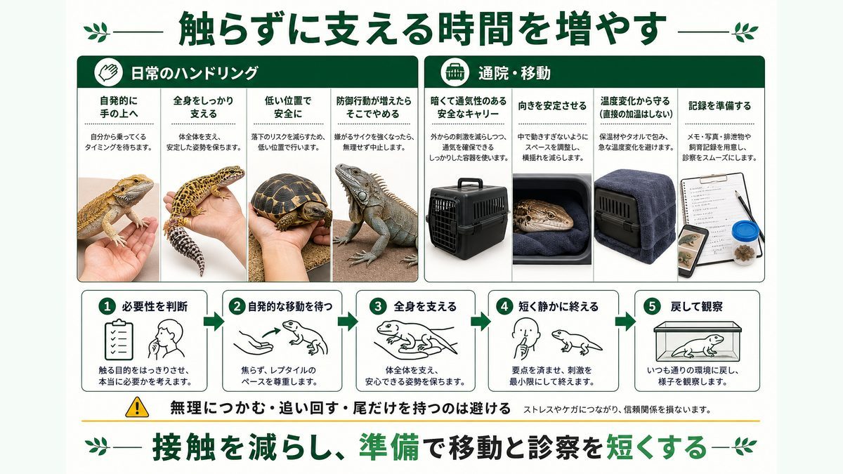 爬虫類のハンドリングと通院移動で接触を減らし全身を支える方法