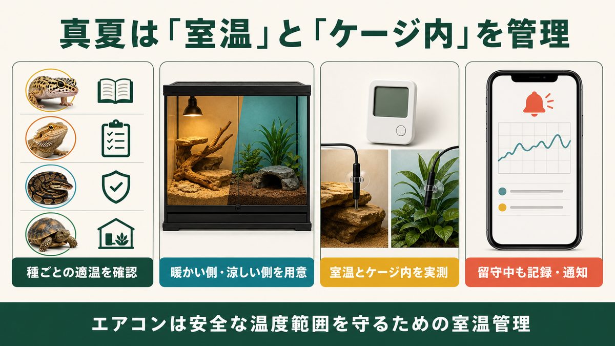 真夏の爬虫類飼育で種別適温・温度勾配・実測・留守中通知を確認する図