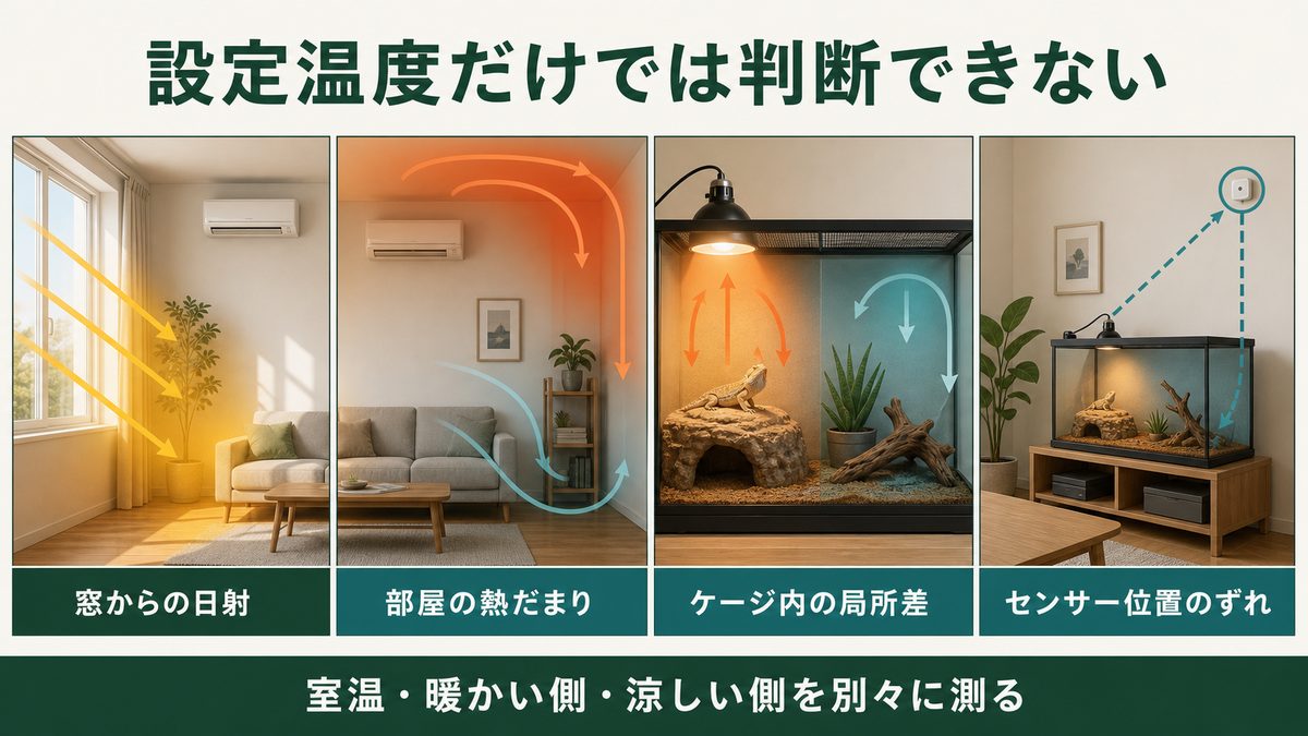 日射・熱だまり・ケージ内の局所差・センサー位置による温度差を示す図