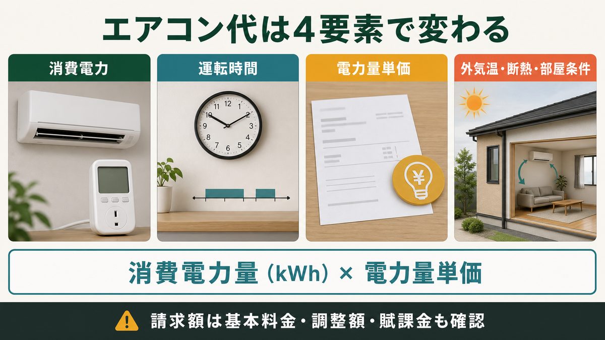 エアコン代を消費電力・運転時間・電力量単価・住宅条件に分けた図