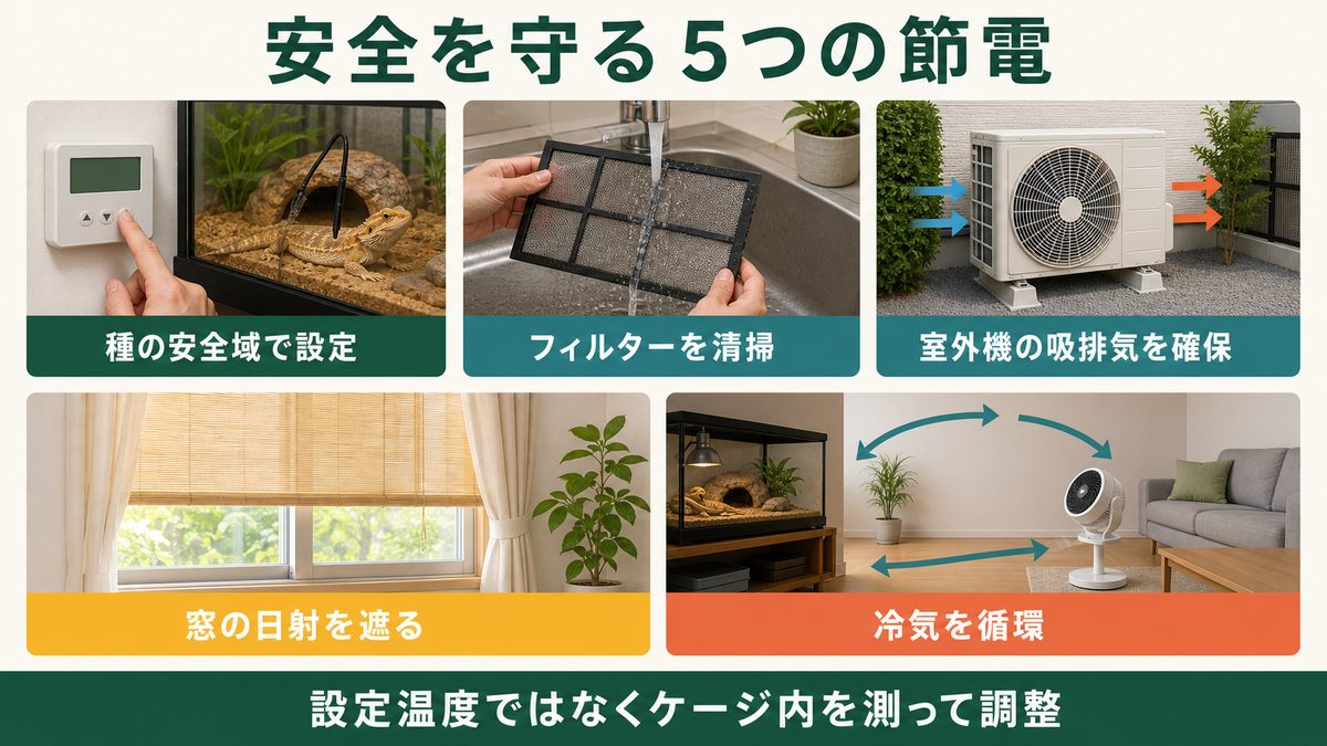 爬虫類の安全を守りながらエアコンの無駄を減らす5つの節電方法の図